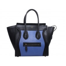 Celine Luggage Medium Tote aus schwarzem Kalbsleder mit blauem Schlangenleder