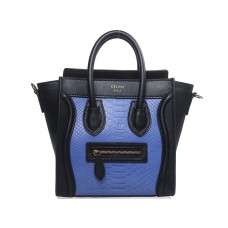 Celine Luggage Mini Tote aus schwarzem Kalbsleder mit blauem Schlangenleder