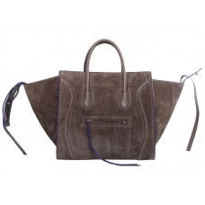 Celine Luggage Phantom Square Tote Bag aus Wildleder, Khaki mit blauen Akzenten