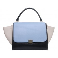 Celine Trapeze Schultertasche, mehrfarbiges Kalbsleder, Hellblau/Schwarz/Creme