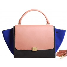 Celine Trapeze Schultertasche, mehrfarbiges Kalbsleder, Rosa/Schwarz/Wildleder, Blau