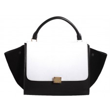 Celine Trapeze Schultertasche, mehrfarbiges Kalbsleder, Weiß/Schwarz/Wildleder, Schwarz
