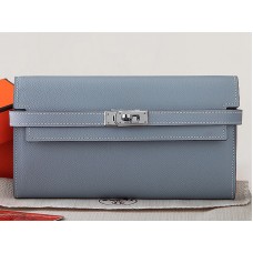 Hermès Kelly Long Portemonnaie aus originalem Epsom-Kalbsleder, Grau-Blau