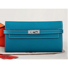 Hermès Kelly Long Portemonnaie aus originalem Epsom-Kalbsleder, mittelblau
