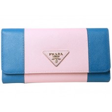 Prada Saffiano Leder Dreifach-Geldbörse Blau mit Rosa