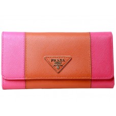 Prada Saffiano Leder Dreifach-Geldbörse, Pink mit Orange