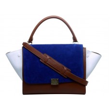 Celine Trapeze Schultertasche, mehrfarbiges Kalbsleder, Blau/Braun/Weiß
