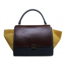 Celine Trapeze Schultertasche, mehrfarbiges Kalbsleder, Weinrot/Grau/Wildledergelb