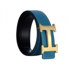 Hermès Togo Ledergürtel mit goldener H-Schnalle, blau/schwarz
