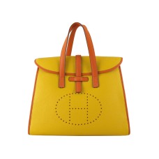 Hermès 08c Klappentasche, gelb mit orangefarbenem Lederbesatz