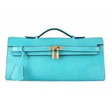 Hermes Kelly Pochette Longue aus Eidechsenleder, Blau