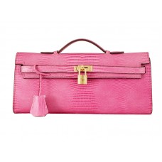 Hermes Kelly Pochette Longue aus Eidechsenleder, Rosa