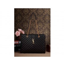 Yves Saint Laurent Classic Monogram Shopping Bag aus schwarzem, gestepptem Leder mit Grain-de-Poudre-Struktur.