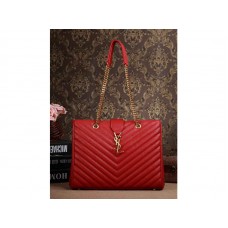 Yves Saint Laurent Classic Monogram Shopping Bag in Lipstick Red Grain de Poudre Textured Matelasse Leather