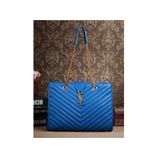 Yves Saint Laurent Classic Monogram Shopping Bag aus königsblauem, gestepptem Leder mit Grain-de-Poudre-Struktur.