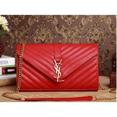 YSL Medium Monogram Satchel, Rot, genarbtes, gestepptes Leder