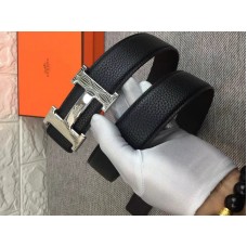 Hermes Gürtelschnalle „H“ in glänzendem Silber & Wendelederriemen, schwarz