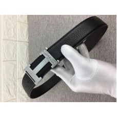 Hermes Silberne H-Gürtelschnalle & Wendbarer Lederriemen Schwarz