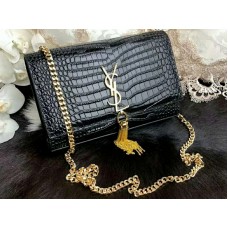 Saint Laurent Kate Medium mit Quaste, glänzendes Krokodilleder, Schwarz